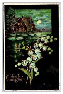 Happy New Year Frohes Neues Jahr Lily Of the Valley Cabin Scene DB Postcard H27