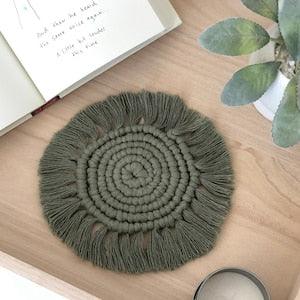 Handmade Macrame Coaster in Agave, Boho Table Decor, Drink Mat for Mugs, Candles, Plants, House Warming Gift, Fringe, Spiral, Dark Green
