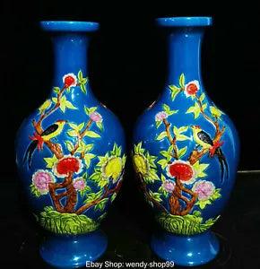 11" Qianlong Marked Colour Porcelain Magpie Birds Peony Flower Vase Bottle Pair