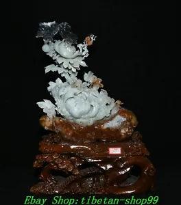 17.7'' Chinese Natural Xiu Jade Carved Peony Flower Insect Butterfly Statue