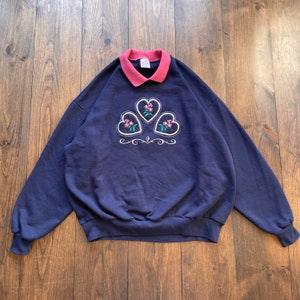 Vintage 1990s Floral Flower Hearts Embroidered Crewneck Sweatshirt / made in USA/ size 2XL