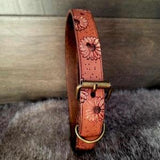Leather Dog Collar - Large Size - Western Sunflower Tooled Design