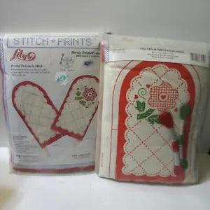 Lily Crafts Stitch Prints Oven Mitt Set x 2 Embroidery Cross Stitch Flowers NIP