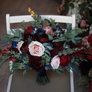 Burgundy navy blue blush pink flowers Bridal bouquet Faux bouquet Blue thistle Wedding silk flowers Boho wedding size 22 inch