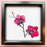 Pink Orchid Framed Button Art, Unique Floral Wall Art, Pink Flower Picture
