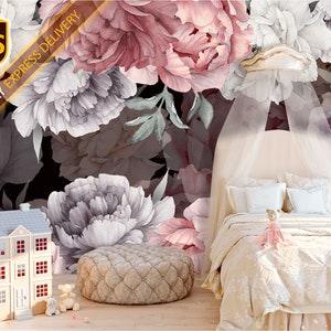 Dark Floral Wallpaper Peony Flowers Self-Adheseve Peonies Wallpaper Peel & Stick Wallpaper Removable Mural Floral Bedroom Girl Decor KM627