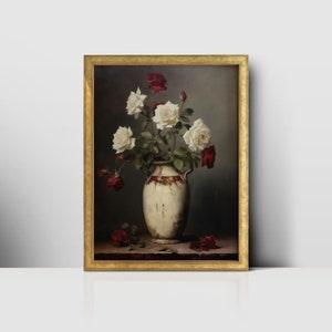 Red Rose Bouquet in Vase: Printable Vintage Wall Art of Flower Arranging in Porcelain Pottery, Creative & Herbaceous Plant Decor