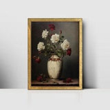 Red Rose Bouquet in Vase: Printable Vintage Wall Art of Flower Arranging in Porcelain Pottery, Creative & Herbaceous Plant Decor