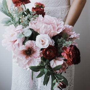 16" Wedding Flowers, Pink Bouquet, Bridal Bouquet, Bridesmaid Bouquets,Pink Peony, Blush Rose Bouquet, Burgundy Ranunculus, Eucalyptus