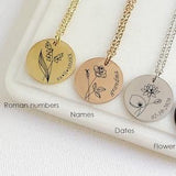 Birth Flower Disc Name Necklace, custom engraved Birth Month flower bouquet medallion pendant, personalized birthday gift for mom, grandma