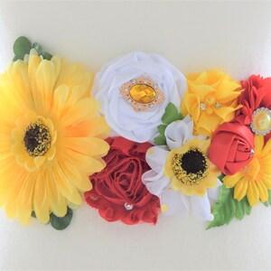 Sunflower Maternity Sash, Yellow White Red Flower Sash, Sunflower Theme Baby Shower, Red Sunflower Mommy to Be and Daddy To Be, Custom