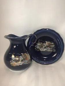 Cobalt Blue Peacok and Peonies Pitcher and Plate