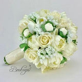 CHOOSE RIBBON COLOR - White Ivory Rose, Ivory Real Touch Rose, Baby??s Breath, Tulip, Peony, Bridal Bouquet, Wedding Bouquet, Ivory Bouquet