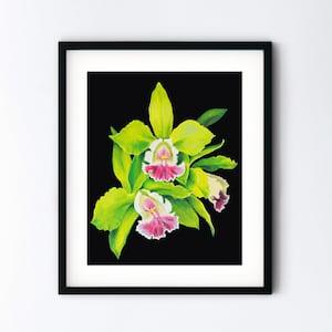 Orchid Flowers Oil Painting - Night Garden Original Art - Green Orchids Original Oil Painting on 8x10 Wood Panel - Handmade One of a Kind
