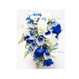 Cascade Bridal Bouquet Silver Blue White - Picasso Callas Real Touch Royal Blue Roses, Rhinestones - Add Groom's Boutonniere Bridesmaid