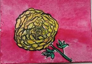 ACEO Original Watercolor Painting Ink And Wash vintage Yellow Carnation Flower
