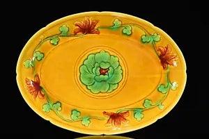 12.6" Ming dynasty hongzhi mark Porcelain Yellow Green colour peony flower Plate