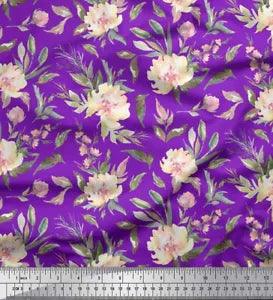 Soimoi Purple Velvet Fabric Leaves & Peony Floral Print Fabric by-pw8
