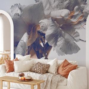 White Peony Flowers on White Background Wallpaper, Flowers Close-up Self Adhesive Wallpaper, Floral Peel and Stick Wall Mural