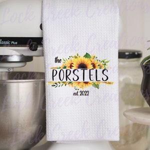 Custom Kitchen Towel with Family Name, Bridal Shower Gift, Wedding Gift, Sunflower Decor, New Home Gift