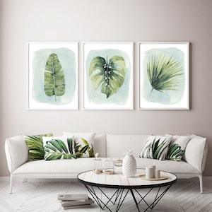 Set of 3 Green & white Botanical Prints, Plant Prints, Framed Botanical Wall Art, Plant Wall Art Decor, Plant Wall Art Poster, frame option