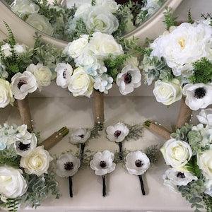 Artificial Peony Bouquet White Anemones Silk Flower Bouquet For Bridal Bridesmaids Burlap Rustic Wedding Greenery Anemones Boutonniere DJ-78