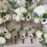 Artificial Peony Bouquet White Anemones Silk Flower Bouquet For Bridal Bridesmaids Burlap Rustic Wedding Greenery Anemones Boutonniere DJ-78
