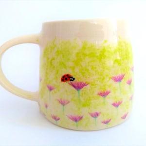 Ceramic mug, handmade hand-painted, nature  summer, ladybug, butterfly, flowers, grass, orange purple green red blue, coffee mug, artsy gift