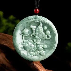 Natural Grade A Jade Jadeite Bean Green Butterfly Peony Flower Wealth Pendant