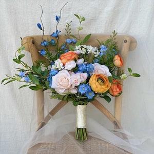 Blush, Blue, Burnt Orange Bridal Bouquet, Boho Wedding Bouquet, Summer Wedding Bouquet, Made with Rose, Ranunculus and Wildflowers