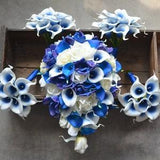 Royal Blue Wedding Bouquets Real Touch Picasso Callas Blue Purple Orchids Ivory Roses Cascade Bridal Bouquets Boutonnieres