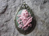 2 IN 1 - LILY OF THE VALLEY CAMEO BRONZE BROOCH / PIN / PENDANT - FLOWER - PINK