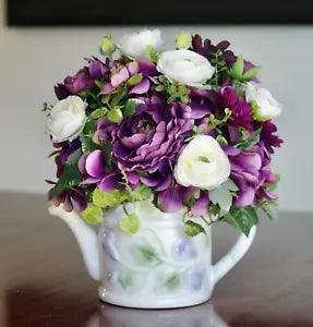 Vintage Ceramic Floral Watering Can with Silk Purple and White Arrangement