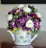 Vintage Ceramic Floral Watering Can with Silk Purple and White Arrangement