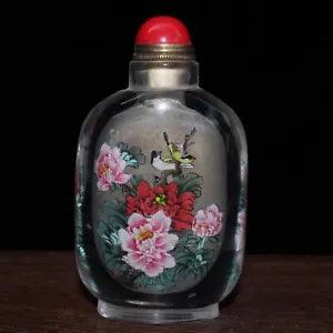 Glass handmade interior painting with colored peony flowers and birds snuff bott