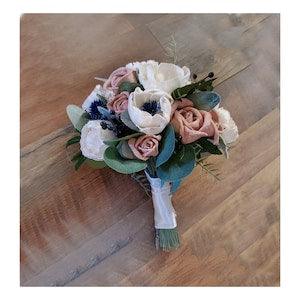 Mauve Blue Anemone Sola Wood Bridal Bouquet, Pink Wedding Bouquet, Anemone Flower Bouquet, Mauve & Blue Thistle Bouquet, Mauve Prom Nosegay