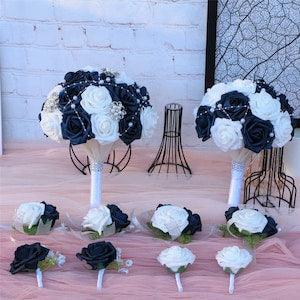 Navy Blue and White Wedding Bridal Bouquet, Brooch Bouquet with Roses for Bridal, Grooms Boutonnieres, Corsages DJ-170