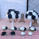 Navy Blue and White Wedding Bridal Bouquet, Brooch Bouquet with Roses for Bridal, Grooms Boutonnieres, Corsages DJ-170