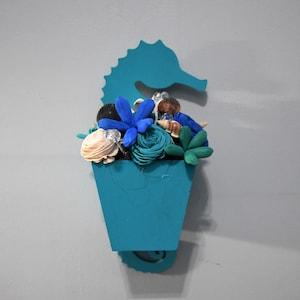 Ocean/Beach theme wall hanging  seahorse planter with Sola wood flowers in ocean colors, shells and "bubbles"