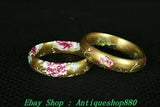 China Qianlong Colour Enamel Porcelain Gilt Peony Flower Bracelet Bangle Pair