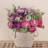 Silk Buttercup, Hydrangea, Ranunculus with Greenery Bouquet, Mauve / Burgundy, Flower Bouquet for Gift, Centerpiece, All Season Home Decor