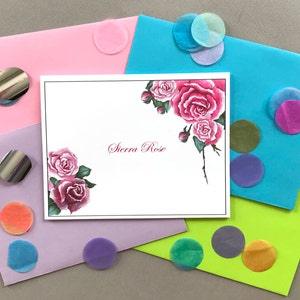 Pink Rose Bouquet Personalized Note Cards, Women's Folded Note Card Stationery Set, Girl's Custom Rose Correspondence Cards, Stationary Set