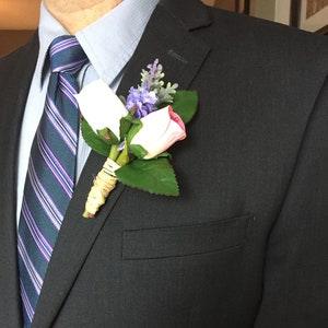 Rustic wedding boutonniere, Pink and white rose buds wedding boutonniere, Grooms boutonnieres, Groomsmen boutonniere