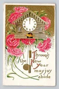Postcard New Year Greeting w/ Clock & Carnation Flowers, Antique H9