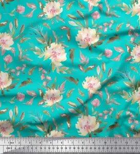 Soimoi Green Velvet Fabric Leaves & Peony Floral Decor Fabric Printed-1Tk