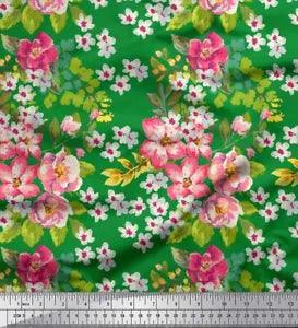 Soimoi Cotton Poplin Fabric Leaves & Peony Floral Print Fabric by-Atk