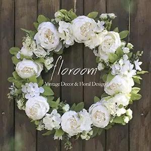 Floral Wreath, Door Wreath, 20'' Artificial White Peony Hydrangea Wreath for