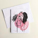 Romantic couple kissing with flower bouquet on plantable seed paper or watercolor white paper, valentine's day card, wedding card