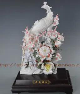 17" Rare Dehua Colored Porcelain Phoenix Phenix Animal Plum Peony Flower Statue