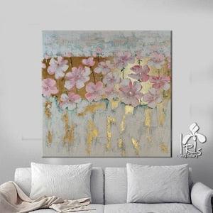 Pink flower painting abstract white - pink flowers delicate painting in the bedroom flower painting with golden interior painting on canvas